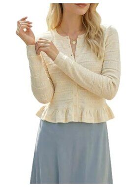 Wool Blend Ruffle Cardigan Sweater Button Down Cropped Knit Long Sleeve